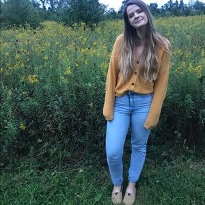 Cropped three button mustard cardigan
